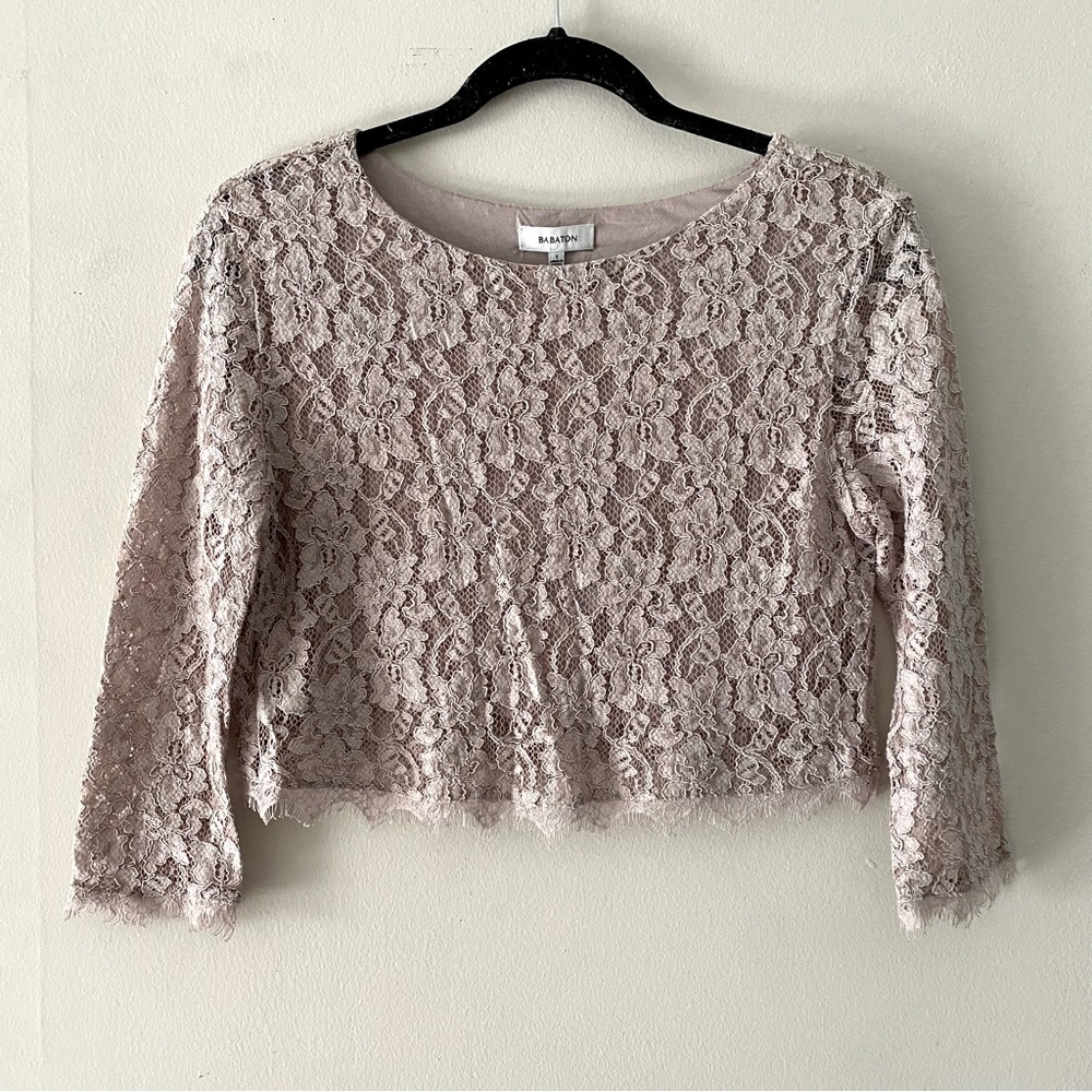 BABATON Aritzia Stuart Lace Cropped Blouse 3/4 Sleeve Lilac Fog